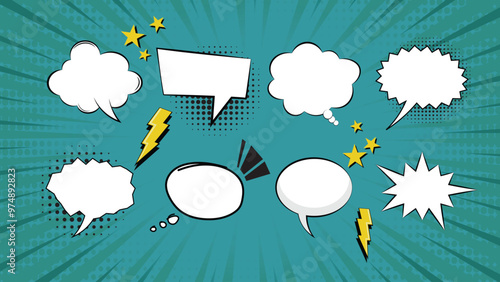 empty comic bubbles ballons and elements set with black halftone shadows with a comic style background vector illustration retro vintage design pop art style
