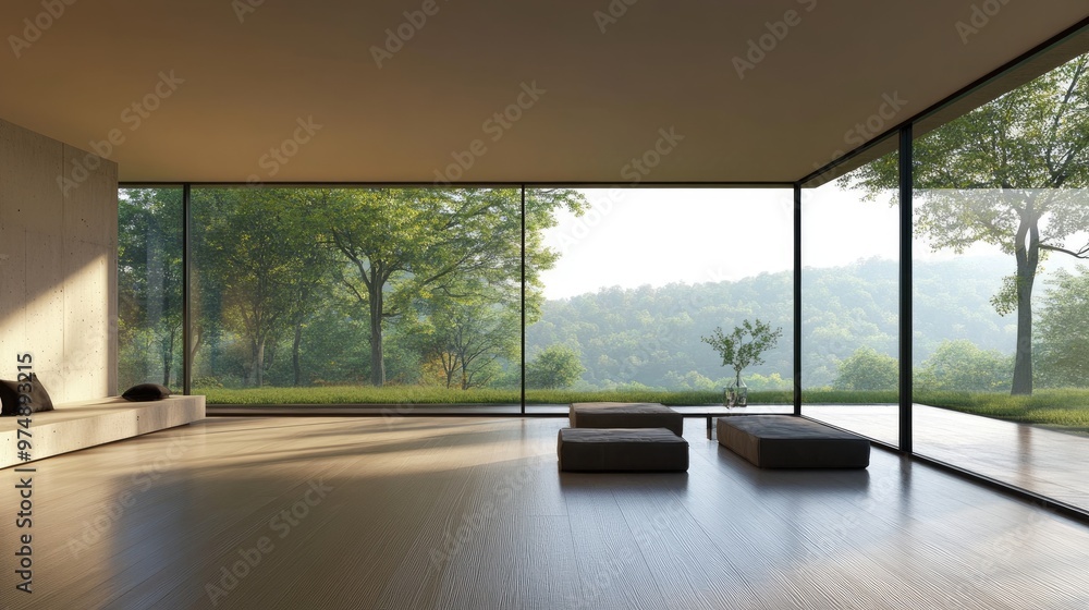 Fototapeta premium Minimalist modern home with floor-to-ceiling windows overlooking nature