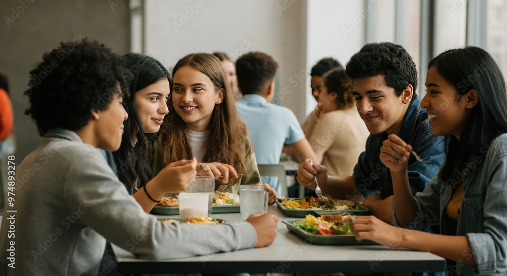 Diverse group of friends laughing and enjoying lunch together Diverse group of friends laughing and enjoying lunch together