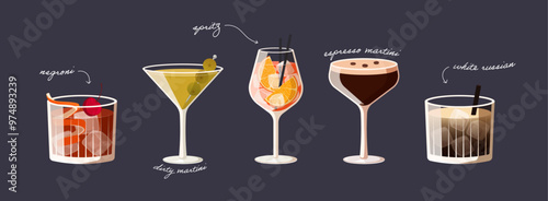 Banner with modern cocktails. Set of classical alcohol drinks isolated on dark background. Vector illustration