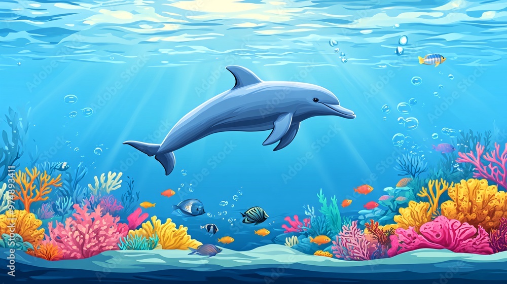 Obraz premium A dolphin swims through a vibrant coral reef, surrounded by colorful fish and plants in the ocean.