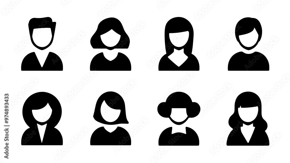 Male and female head silhouettes avatar set. Vector illustration black person portrait head. Anonymous face profile and group icon isolated on white background Male and female head silhouettes avatar set. Vector illustration black person portrait head. Anonymous face profile and group icon isolated on white background
