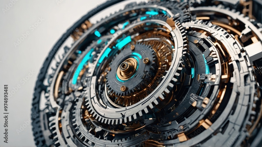 Obraz premium Futuristic Mechanical Gear System with Intricate Details and Technology Elements in a Close-Up Perspective