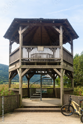 Ossiacher Moorturm im Bleistätter Moor Landschaftsschutzgebiet in Steindorf am Ossiacher See mit Fhrrad an der Seite in Villach in Kärnten Österreich photo