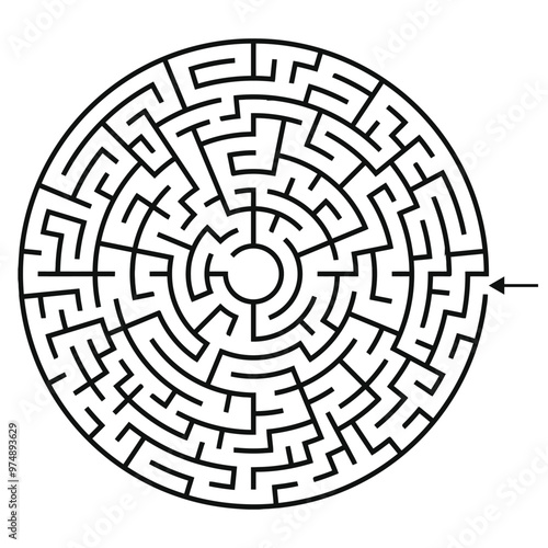 Round Maze Game for Adults and Kids - Simple Flat Vector Black and White Outline Illustration Background is White