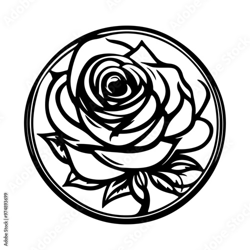 Black and white silhouette of rose with leaves
