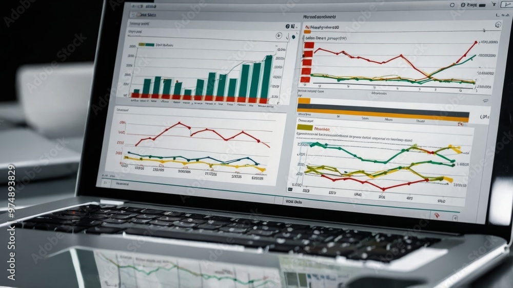 Business Analytics on a Laptop Screen with Graphs and Charts Displaying Financial Data Trends in an Office Setting Business Analytics on a Laptop Screen with Graphs and Charts Displaying Financial Data Trends in an Office Setting