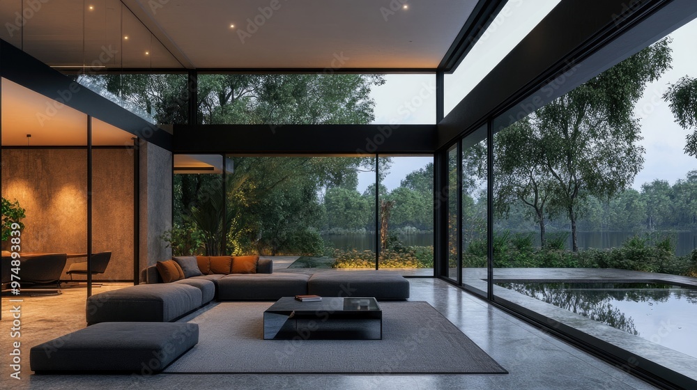 Fototapeta premium Minimalist modern home with floor-to-ceiling windows overlooking nature