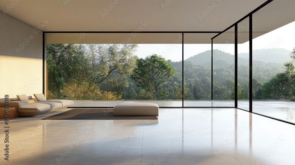 Fototapeta premium Minimalist modern home with floor-to-ceiling windows overlooking nature