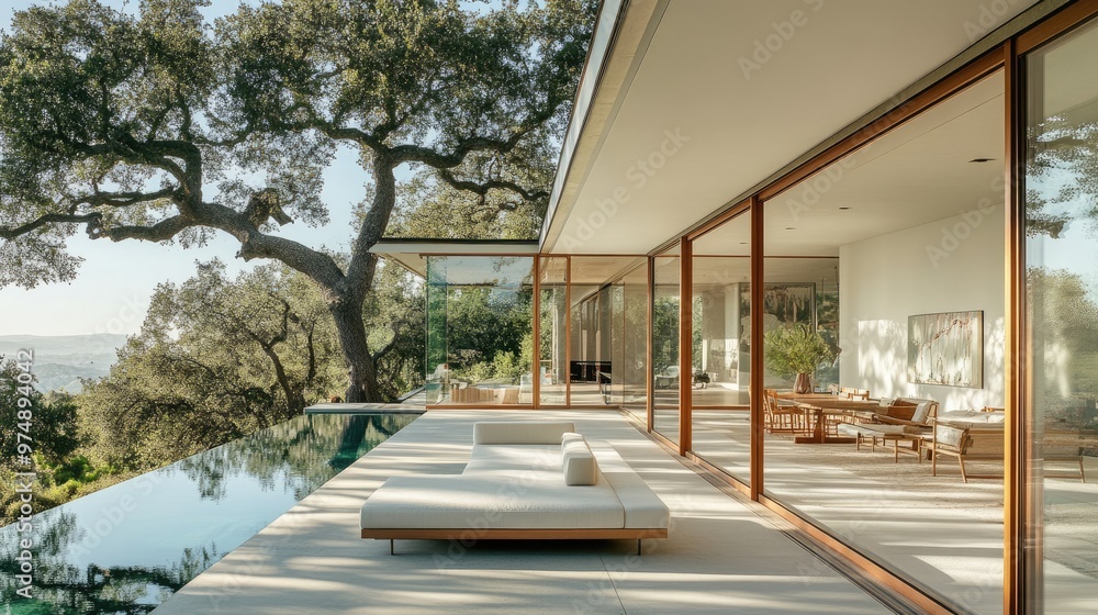 Fototapeta premium Minimalist modern home with floor-to-ceiling windows overlooking nature