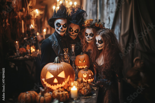 A group of people with skeleton face paint stands around glowing jack-o'-lanterns in a dimly lit, atmospheric setting, creating a spooky yet festive Halloween scene.