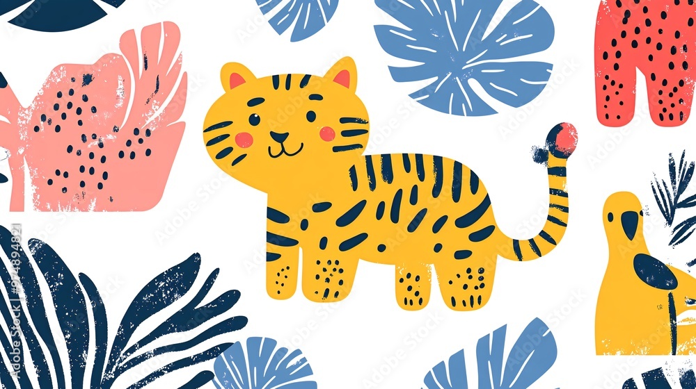 A cute cartoon tiger stands in the middle of a jungle scene with colorful leaves. A cute cartoon tiger stands in the middle of a jungle scene with colorful leaves.