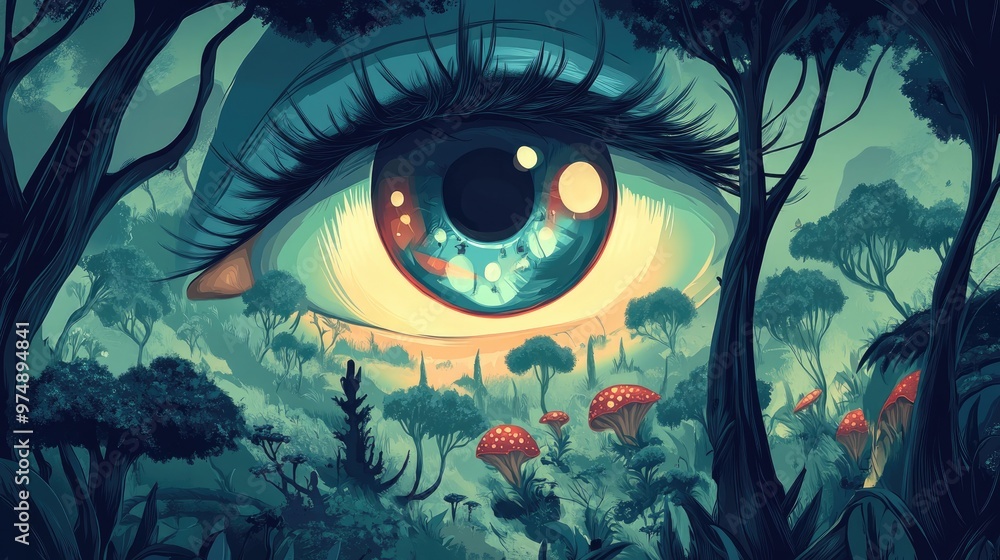 Surrealistic eye landscape featuring a whimsical forest in a cartoon style