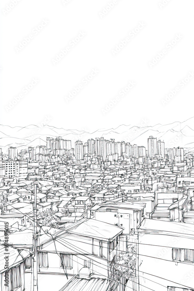 Obraz premium Ulaanbaatar, Mongolia, black and white pen pencil hand-drawn effect portrait drawing illustration for travel poster, card, wallpaper, backdrop or banner. Modern, clear, artistic and simple