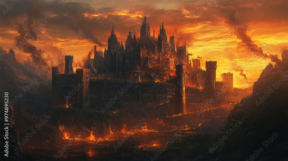 A burning city surrounded by mountains with a fiery sky. A burning city surrounded by mountains with a fiery sky.
