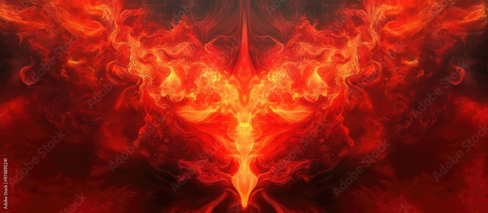 Fototapeta premium Surreal 2d illustration featuring a vibrant red flame background evoking a psychedelic experience with modern fantastic art and kaleidoscopic optical effects