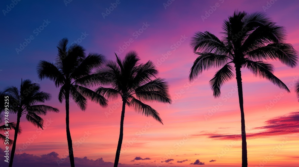 Obraz premium Silhouette of palm trees against a stunning Hawaiian sunset
