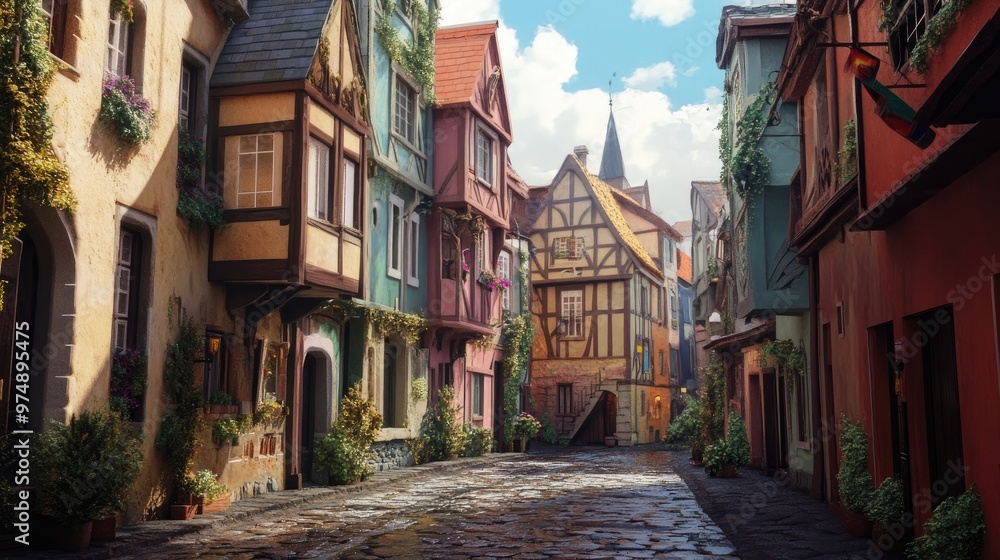 Fototapeta premium Old European street with colorful buildings and cobblestone roads 