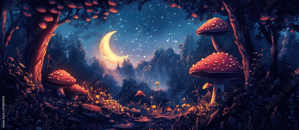 Surreal fantasy landscape featuring whimsical mushrooms and a moon 2d illustration of a dreamy magical forest ideal for a book cover Captivating natural scenery Surreal fantasy landscape featuring whimsical mushrooms and a moon 2d illustration of a dreamy magical forest ideal for a book cover Captivating natural scenery