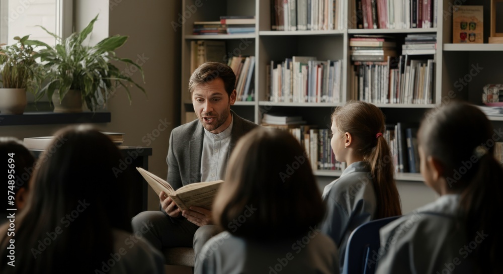 Man Reads a Book to Attentive Young Students in a Library Setting Man Reads a Book to Attentive Young Students in a Library Setting