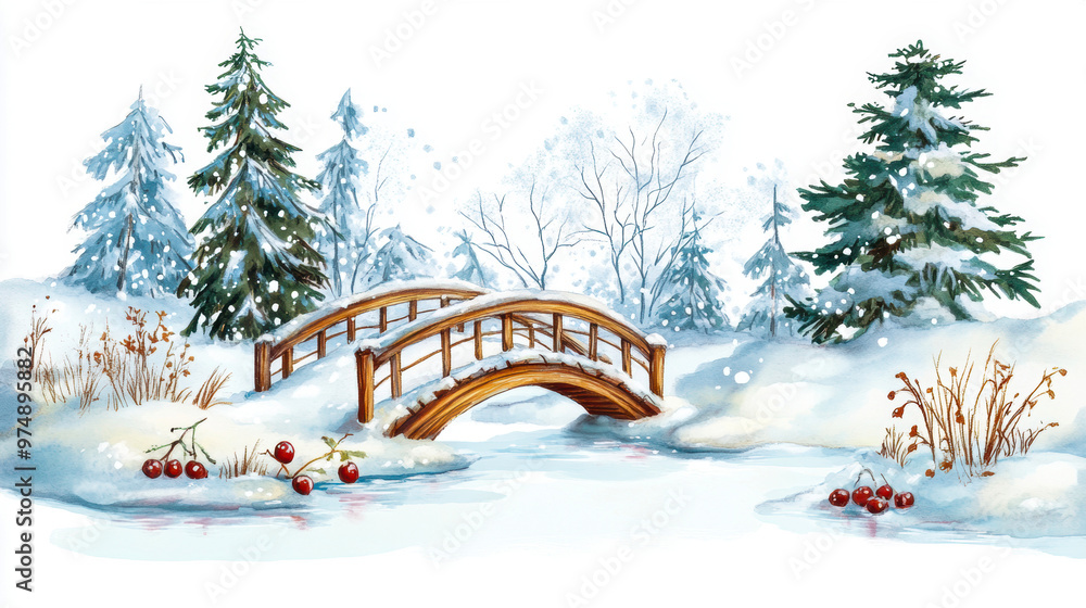 Serene winter landscape with a wooden bridge over a frozen stream surrounded by snow-covered trees Serene winter landscape with a wooden bridge over a frozen stream surrounded by snow-covered trees