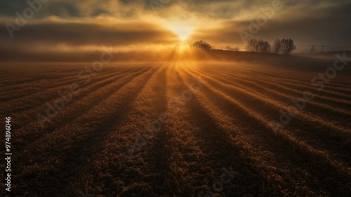 Sunbeams Illuminating a Foggy Field at Sunrise