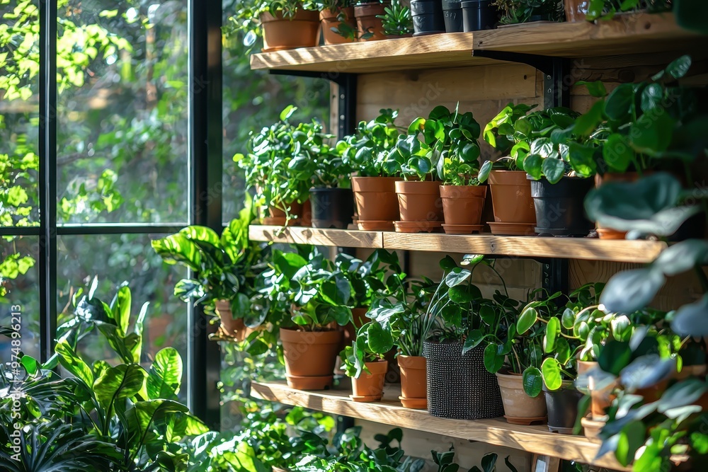 An arrangement of green potted plants on wooden shelves in a cozy greenhouse, with gentle natural light streaming in........ An arrangement of green potted plants on wooden shelves in a cozy greenhouse, with gentle natural light streaming in........