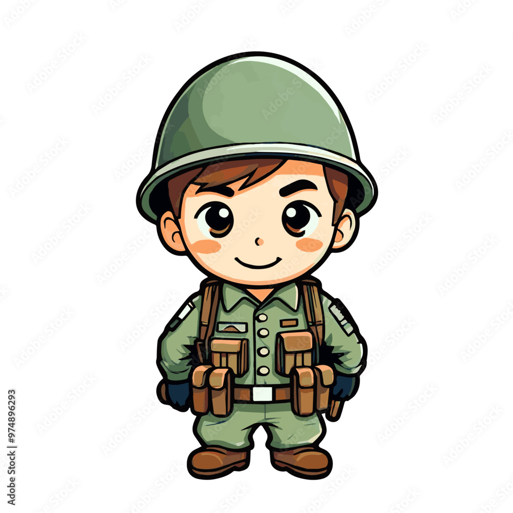 Cute little hero soldier in green uniform, cartoon character isolated on white Cute little hero soldier in green uniform, cartoon character isolated on white