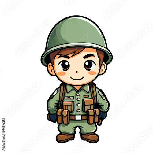 Cute little hero soldier in green uniform, cartoon character isolated on white