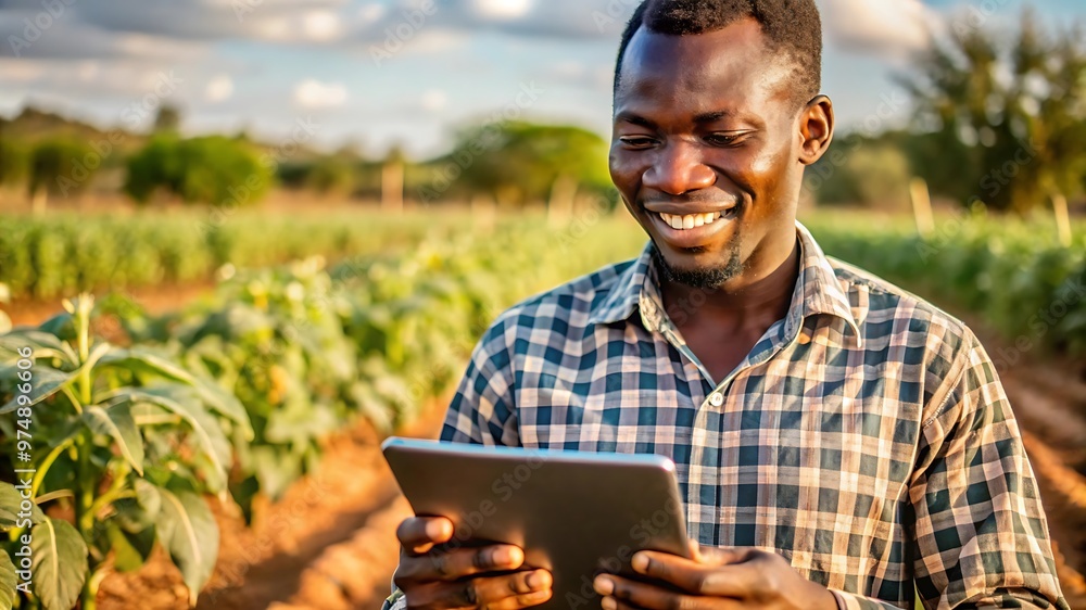 Young African Male Farmer Working on Healthy Agriculture Development Strategy on His Digital Tablet Young African Male Farmer Working on Healthy Agriculture Development Strategy on His Digital Tablet