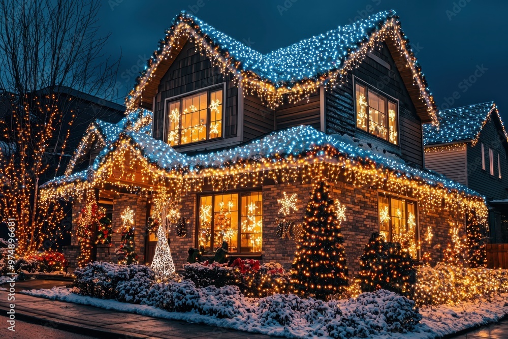 A house adorned with Christmas lights and festive decorations, celebrating the holiday season....... A house adorned with Christmas lights and festive decorations, celebrating the holiday season.......