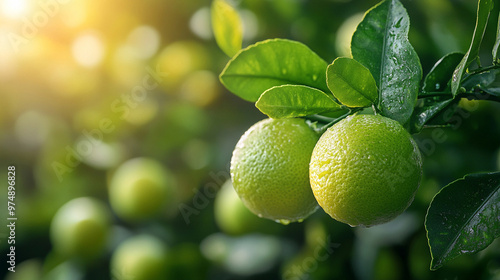 green lemons and limes growing on a tree in a lush, organic garden, symbolizing freshness, vitality, and the promise of natural harvest