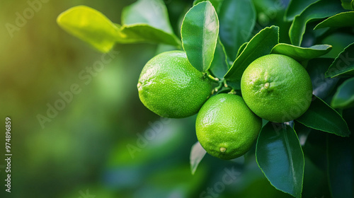 green lemons and limes growing on a tree in a lush, organic garden, symbolizing freshness, vitality, and the promise of natural harvest