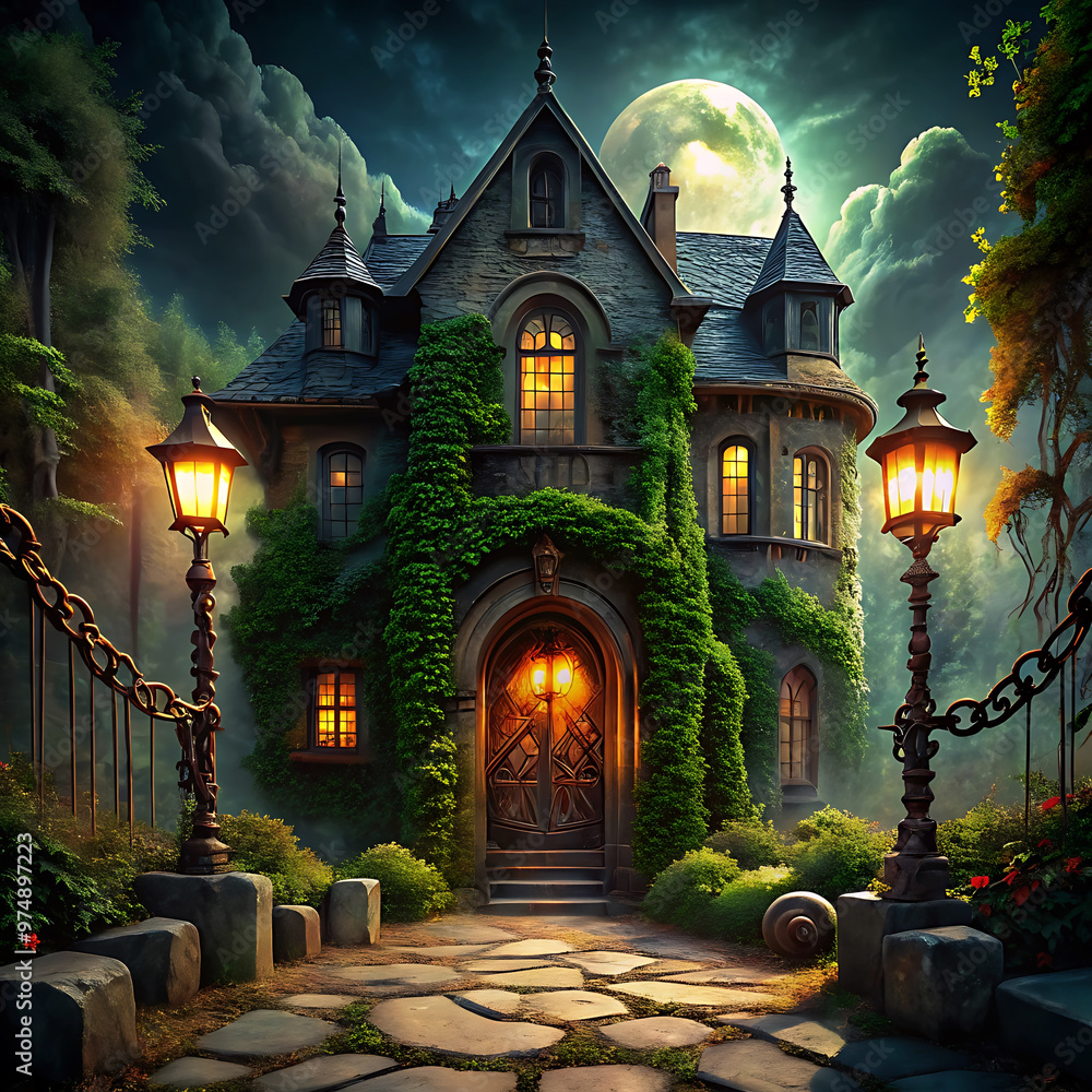 A haunted mansion surrounded by gnarled trees, with glowing jack A haunted mansion surrounded by gnarled trees, with glowing jack