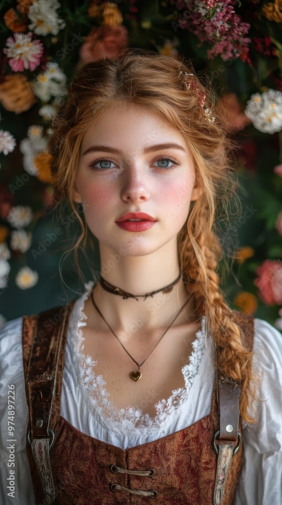 A portrait of someone wearing traditional Bavarian attire like lederhosen or a dirndl, against a backdrop of Oktoberfest decorations........ A portrait of someone wearing traditional Bavarian attire like lederhosen or a dirndl, against a backdrop of Oktoberfest decorations........