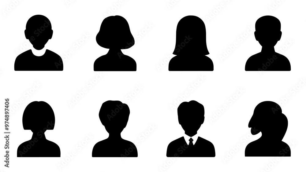 Male and female head silhouettes avatar set. Vector illustration black person portrait head. Anonymous face profile and group icon isolated on white background Male and female head silhouettes avatar set. Vector illustration black person portrait head. Anonymous face profile and group icon isolated on white background
