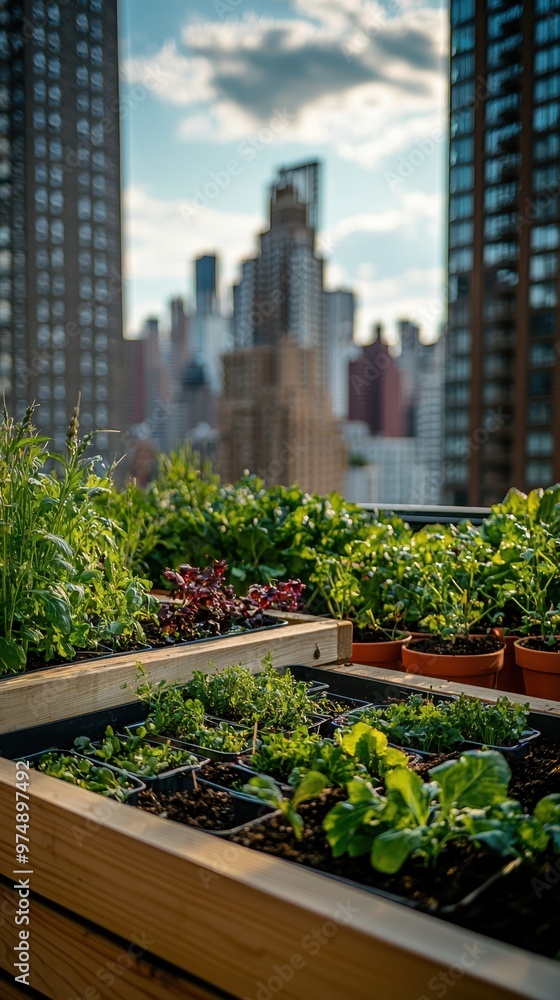 A rooftop garden featuring a variety of vegetables and herbs in urban containers, with city skyscrapers in the background, highlighting sustainable city living........ A rooftop garden featuring a variety of vegetables and herbs in urban containers, with city skyscrapers in the background, highlighting sustainable city living........