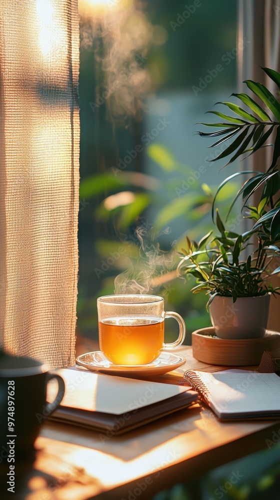 A compact indoor garden on a desk, accompanied by a cup of tea, an open notebook, and gentle lighting, fostering mental well-being in the workspace........ A compact indoor garden on a desk, accompanied by a cup of tea, an open notebook, and gentle lighting, fostering mental well-being in the workspace........