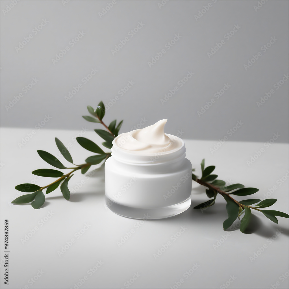 White Cosmetic Cream Jar with Green Leaves on Minimalist Gray Background
White Cosmetic Cream Jar with Green Leaves on Minimalist Gray Background