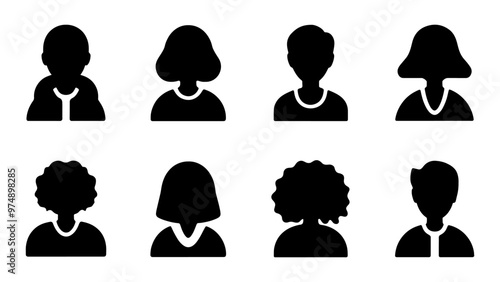 Male and female head silhouettes avatar set. Vector illustration black person portrait head. Anonymous face profile and group icon isolated on white background