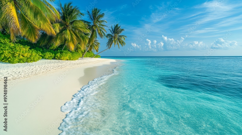 Fototapeta premium Picturesque Tropical Beach in the Maldives with Crystal Clear Waters, Palm Trees, and Azure Blue Skies. The Scene Captures Serene Beauty with Gentle Waves Caressing Sandy Beaches Under Warm Sunlight,