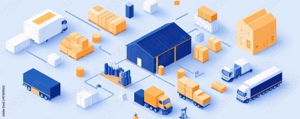 Obraz premium A crosssectional illustration of a warehouse, showing the internal process of receiving, storing, and shipping goods