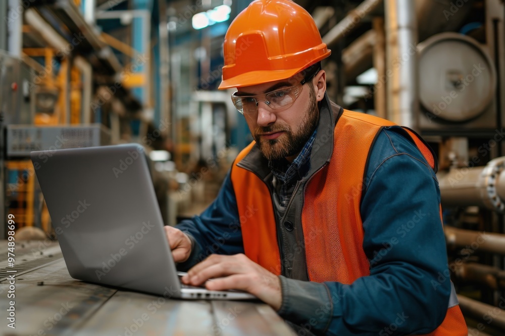A man is working on a laptop in a factory, generative ai image A man is working on a laptop in a factory, generative ai image