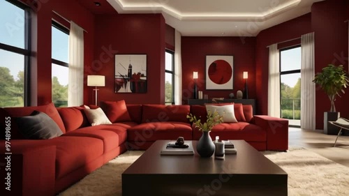 Wallpaper Mural A contemporary living room with a large couch and a spacious window, featuring a deep red color scheme.and award-winning, this sleek design boasts luxurious deep red accents, captivating Torontodigital.ca