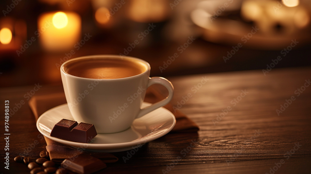 A traditional macchiato in a small ceramic cup, served with a piece of chocolate on the side. The background is a warm and inviting café with rich wooden textures and glowing ambient light. A traditional macchiato in a small ceramic cup, served with a piece of chocolate on the side. The background is a warm and inviting café with rich wooden textures and glowing ambient light.