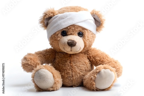 A cute brown teddy bear with a bandage wrapped around its head, sitting on a bright white background. Represents childhood illness or injury recovery.