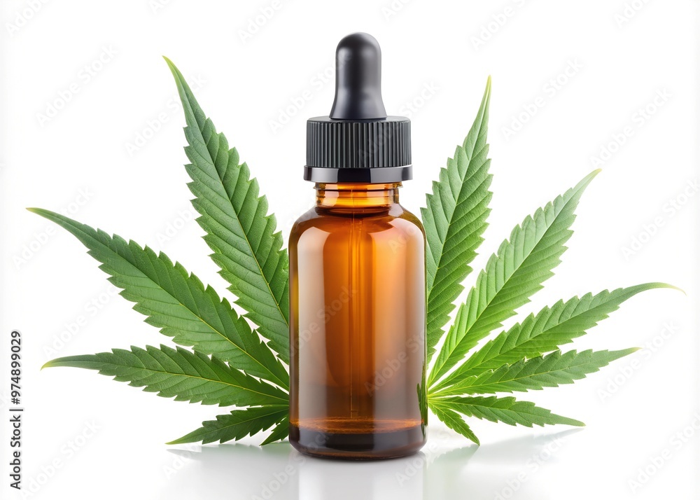 A CBD oil bottle placed in front of two cannabis leaves on a white background. Represents natural remedies, herbal medicine, and the use of cannabis-derived products. A CBD oil bottle placed in front of two cannabis leaves on a white background. Represents natural remedies, herbal medicine, and the use of cannabis-derived products.