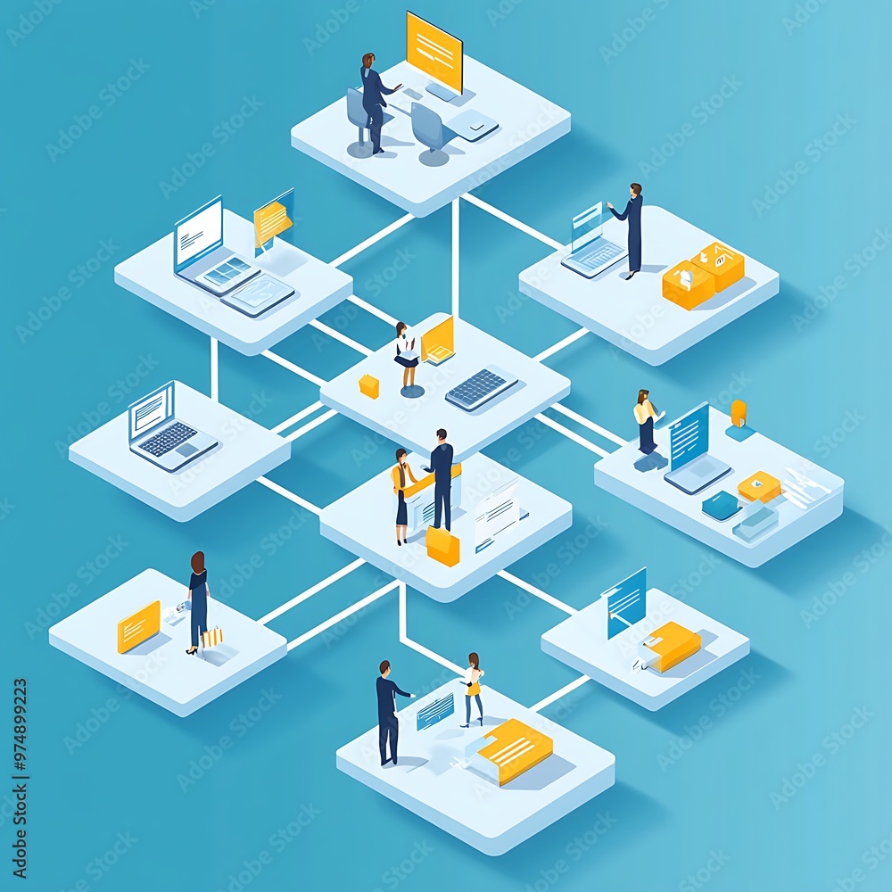 Isometric illustration of a network of people connected by technology and data flow Isometric illustration of a network of people connected by technology and data flow