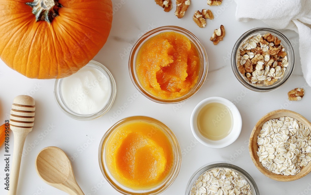 DIY pumpkin face masks and scrubs with natural ingredients on a clean countertop DIY pumpkin face masks and scrubs with natural ingredients on a clean countertop