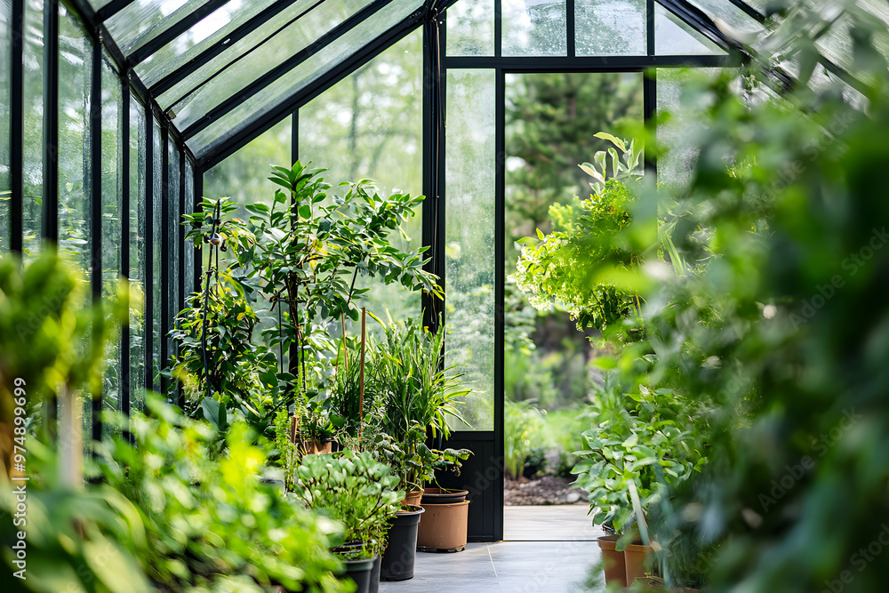 Lush greenery thriving in a spacious greenhouse filled with vibrant plants on a sunny day Lush greenery thriving in a spacious greenhouse filled with vibrant plants on a sunny day